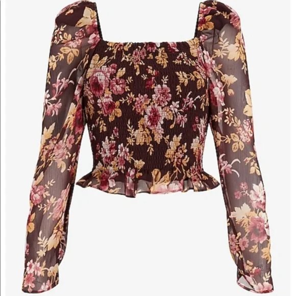 NWT Express Floral Square Neck Smocked Body Top Size XS Fall Season - Picture 4 of 8